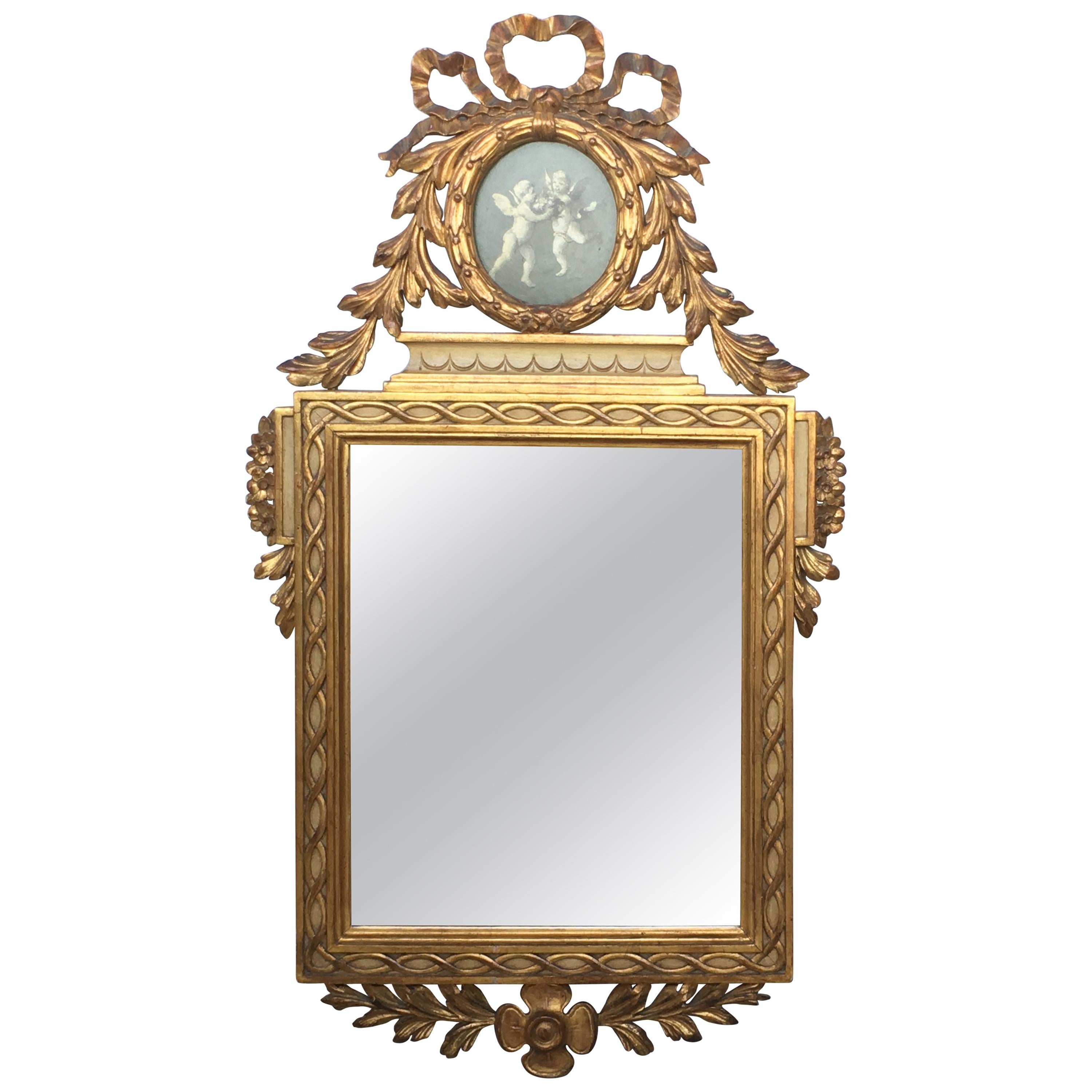 19th Century, French, Louis XVI Painted and Gilt Trumeau Mirror Depicting Cherub