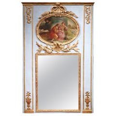 Antique 19th Century French Louis XVI Painted and Gilt Trumeau Mirror from Normandy