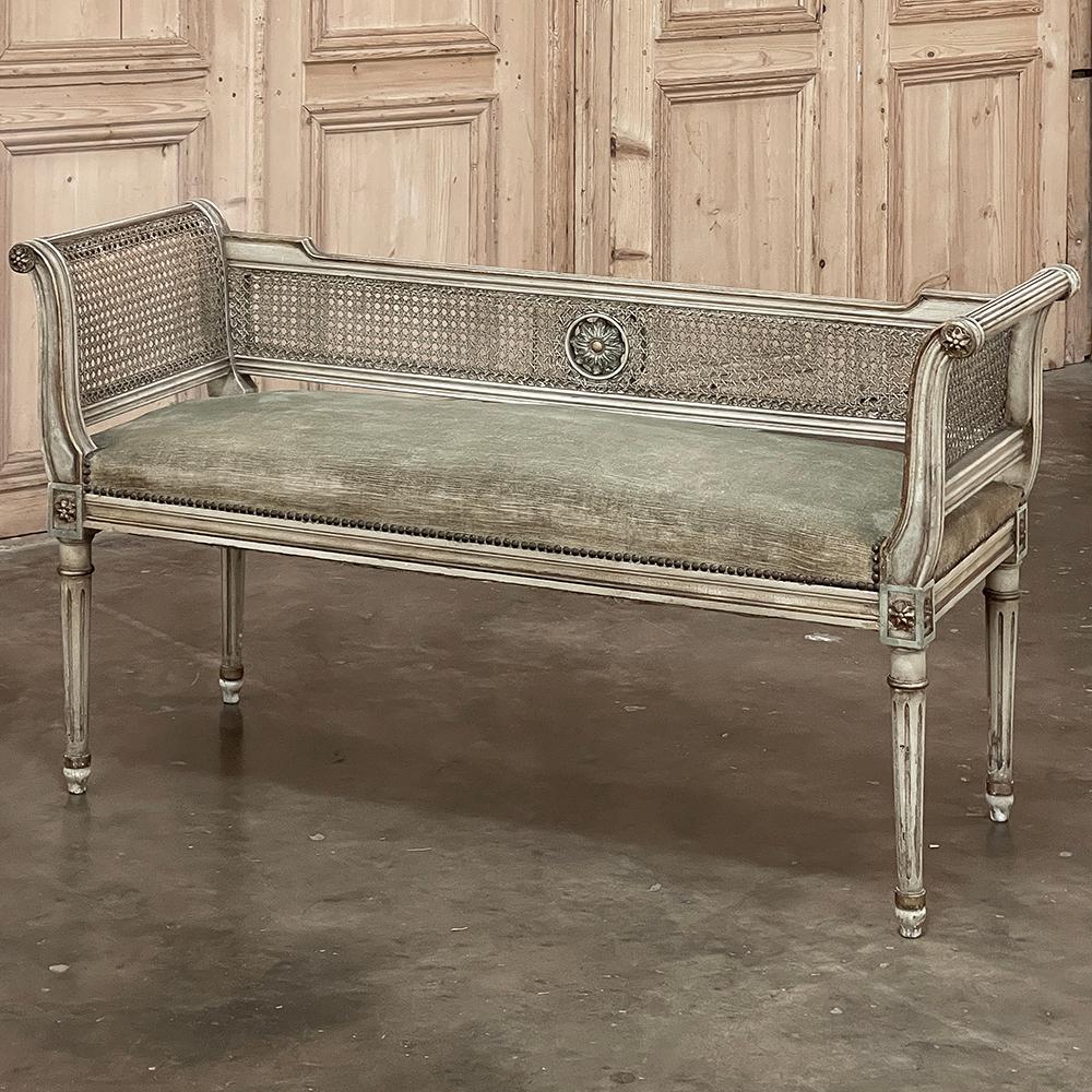 19th Century French Louis XVI Painted Armbench with Cane & Mohair In Good Condition For Sale In Dallas, TX