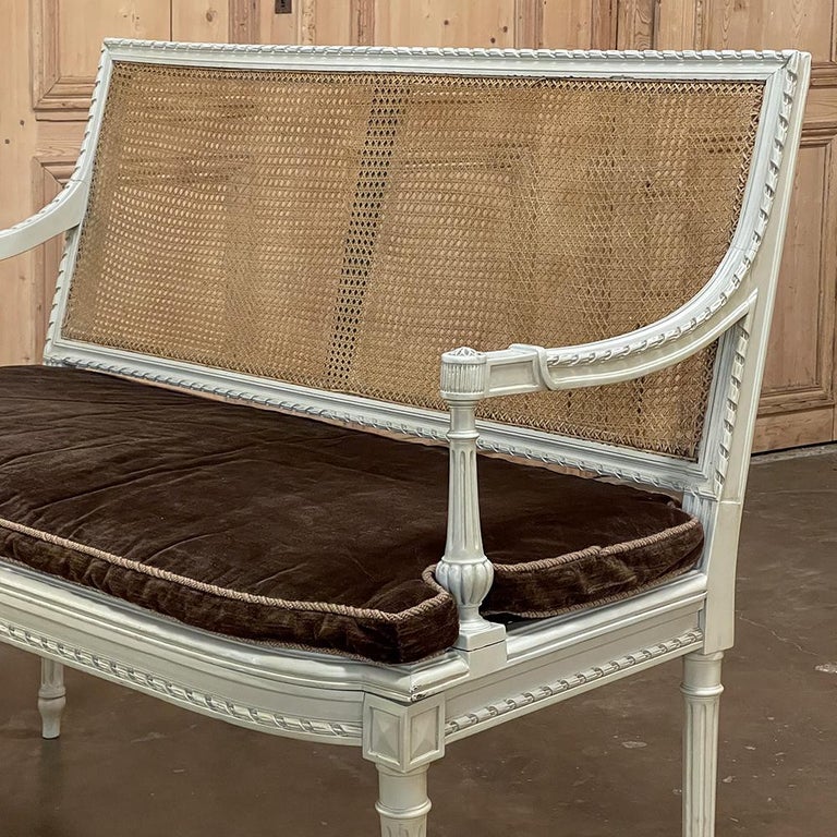 19th Century French Louis XVI Painted Canape with Cane & Cushion For Sale 6