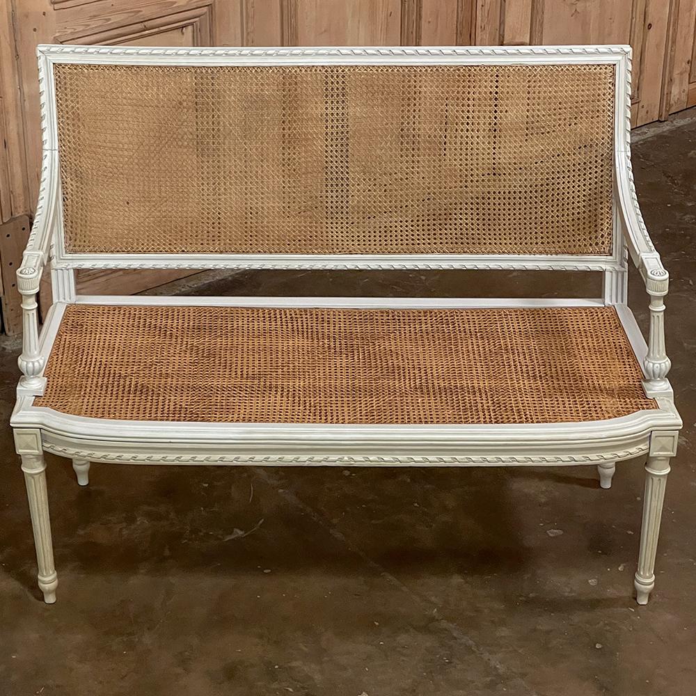 Late 19th Century 19th Century French Louis XVI Painted Canape with Cane & Cushion For Sale