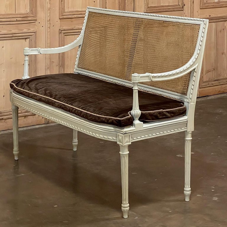 19th Century French Louis XVI Painted Canape with Cane & Cushion For Sale 1