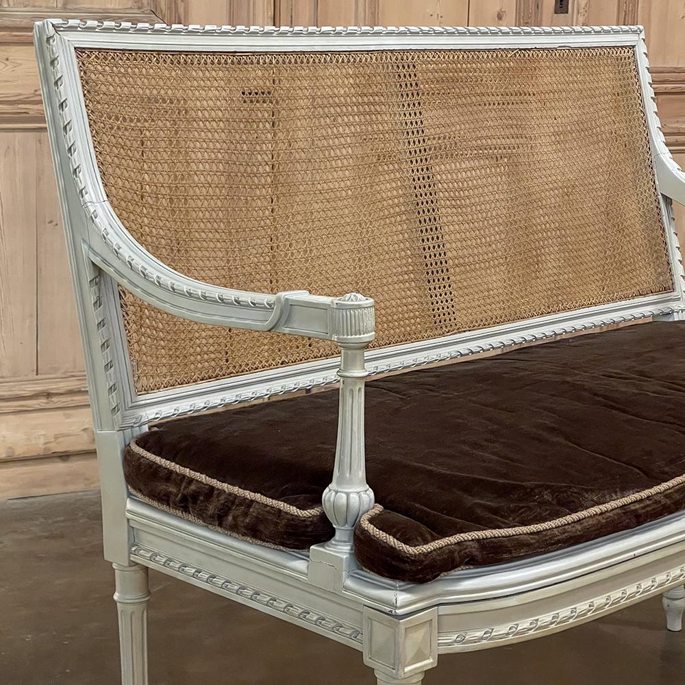 19th Century French Louis XVI Painted Canape with Cane & Cushion For Sale 2