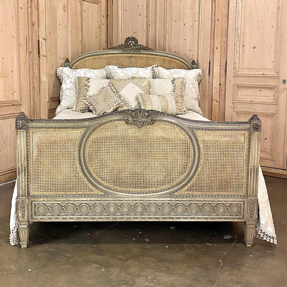 Hand-Carved 19th Century French Louis XVI Painted and Caned Queen Bed