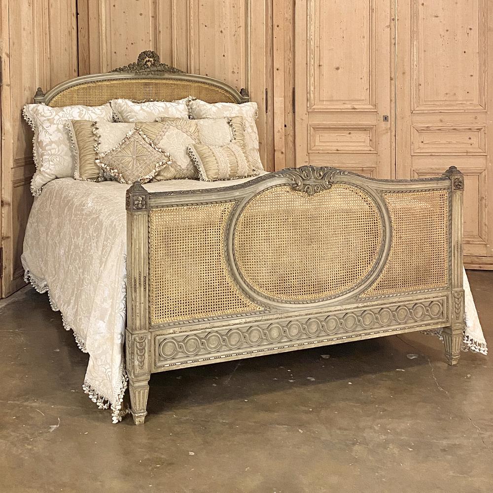 19th Century French Louis XVI Painted and Caned Queen Bed In Good Condition In Dallas, TX