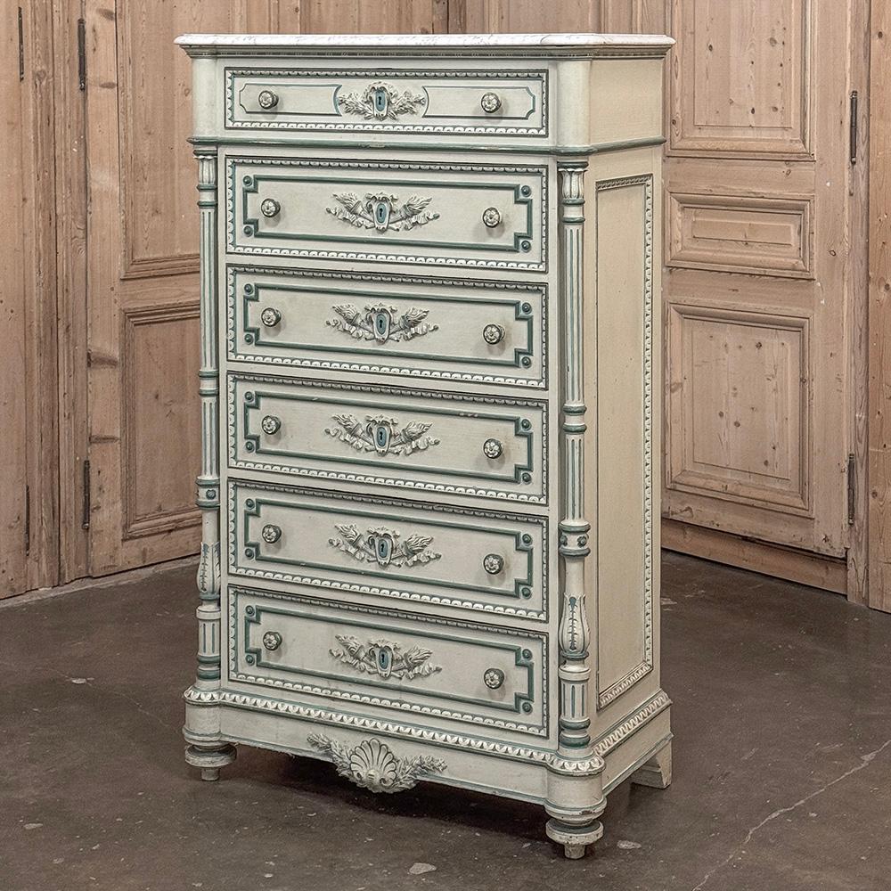 Francese Chiffoniere dipinta Luigi XVI del XIX secolo ~ Commode con marmo di Carrara in vendita