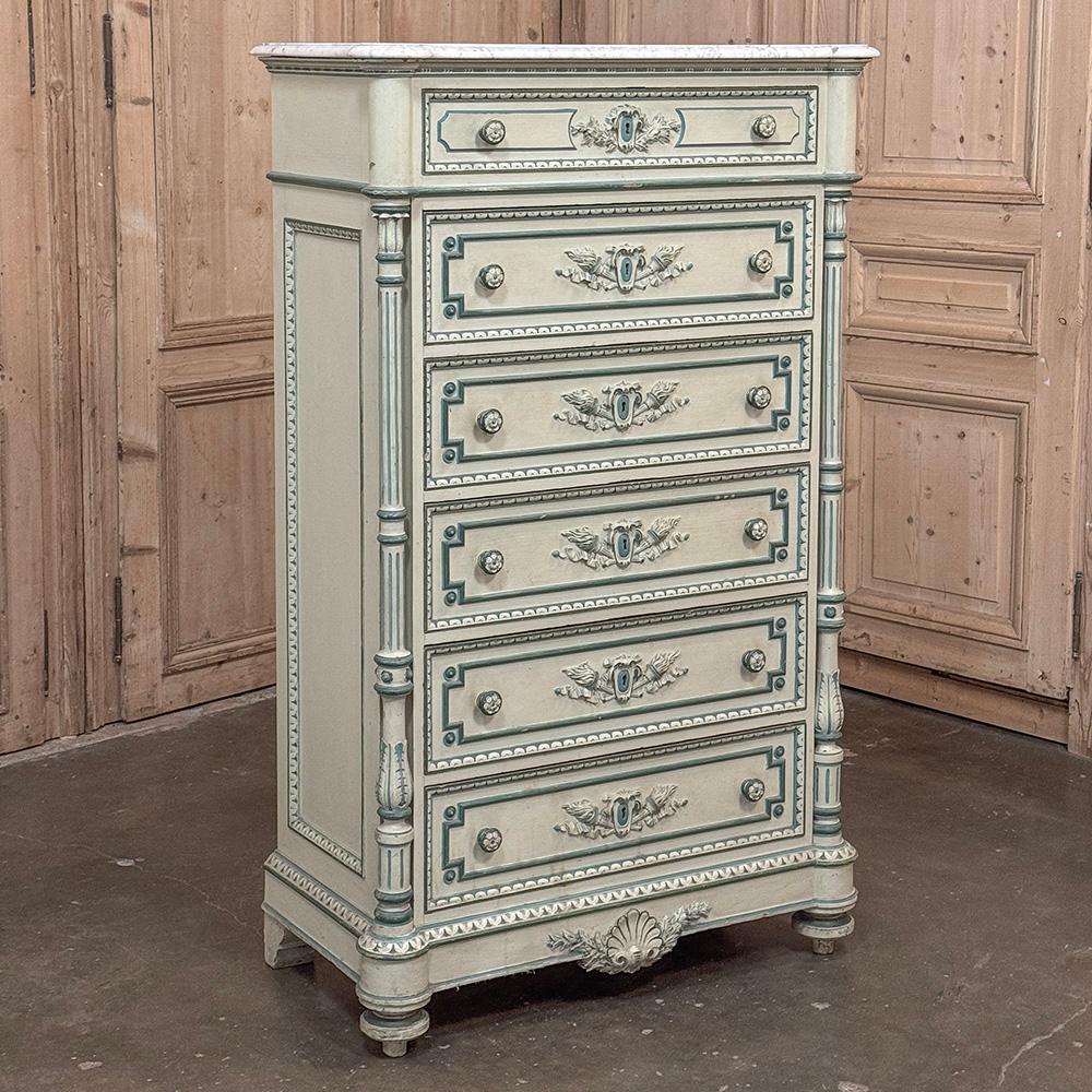 Intagliato a mano Chiffoniere dipinta Luigi XVI del XIX secolo ~ Commode con marmo di Carrara in vendita