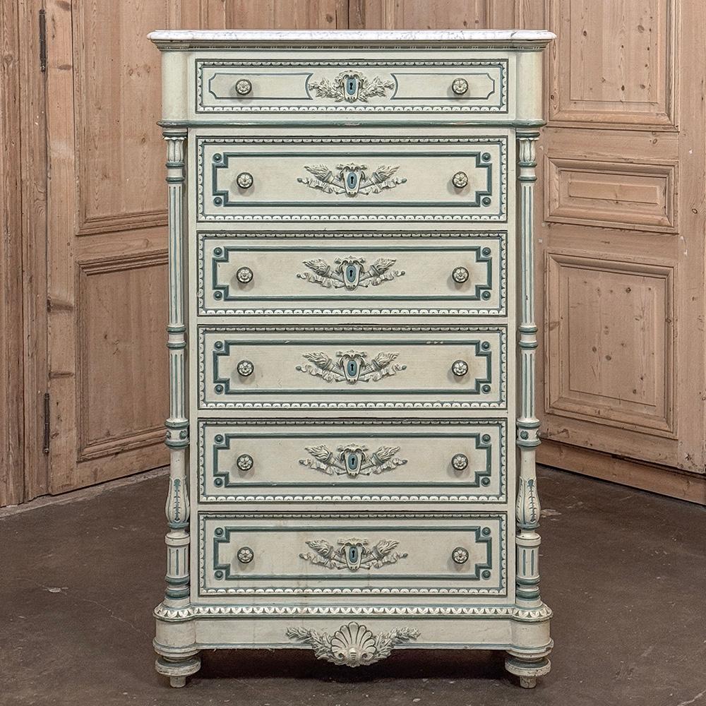 Chiffoniere dipinta Luigi XVI del XIX secolo ~ Commode con marmo di Carrara In condizioni buone in vendita a Dallas, TX