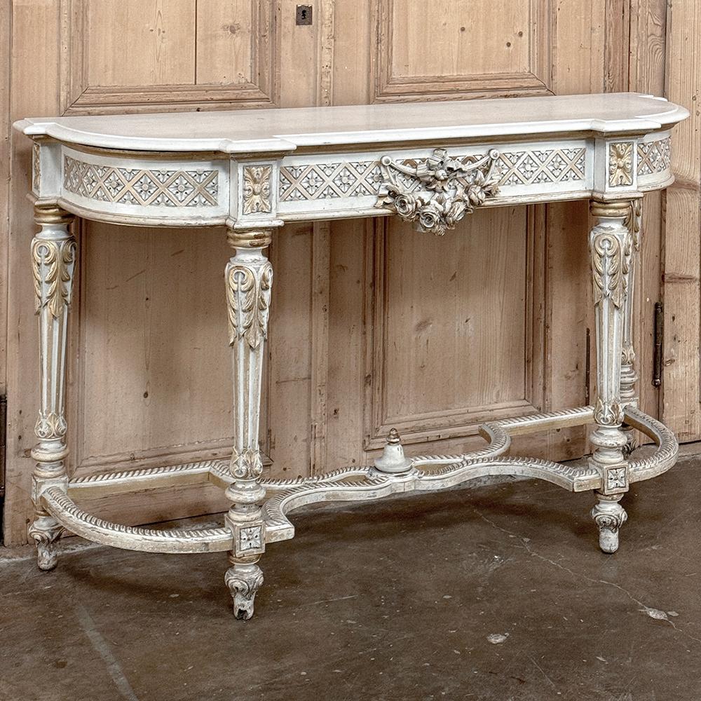 19th Century French Louis XVI Painted Console is a masterwork of the furniture crafter's art!  Created from indigenous French walnut, it features a large radius rounded side design that presents a minimum of intrusion into the traffic flow of the