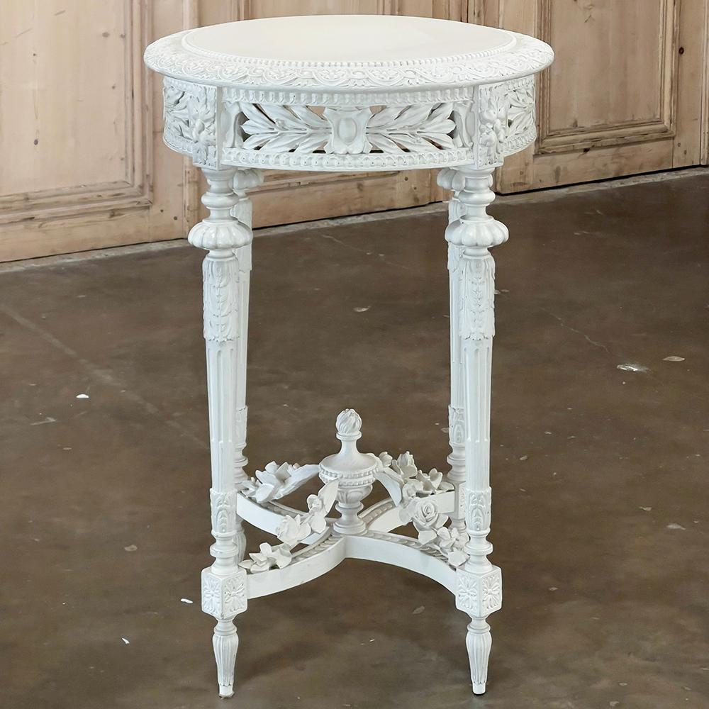 19th Century French Louis XVI Painted End Table ~ Gueridon is a remarkable work of the sculptor's art!  The only portion of the table that is not exquisitely hand-carved is the circular top, creating a surface ideal for a lamp table, a cozy seating