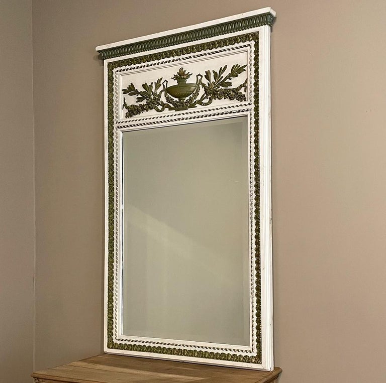 Beveled 19th Century French Louis XVI Painted & Gilded Trumeau Mirror For Sale