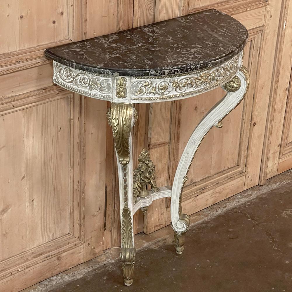 19th Century French Louis XVI Painted Marble Top Demilune Console For Sale 12
