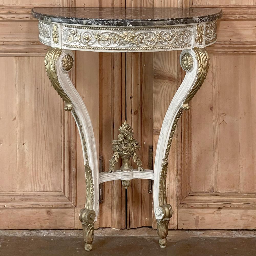 19th Century French Louis XVI Painted Marble Top Demilune Console For Sale 13