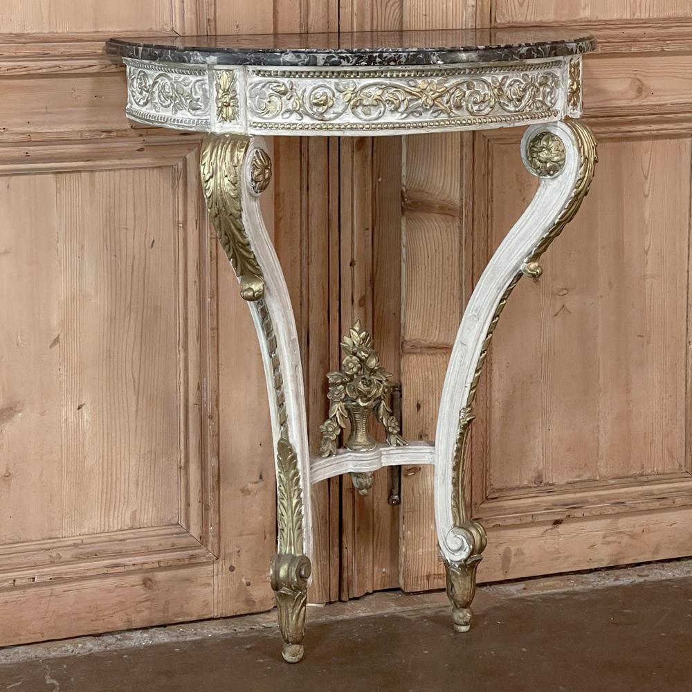 Hand-Crafted 19th Century French Louis XVI Painted Marble Top Demilune Console For Sale