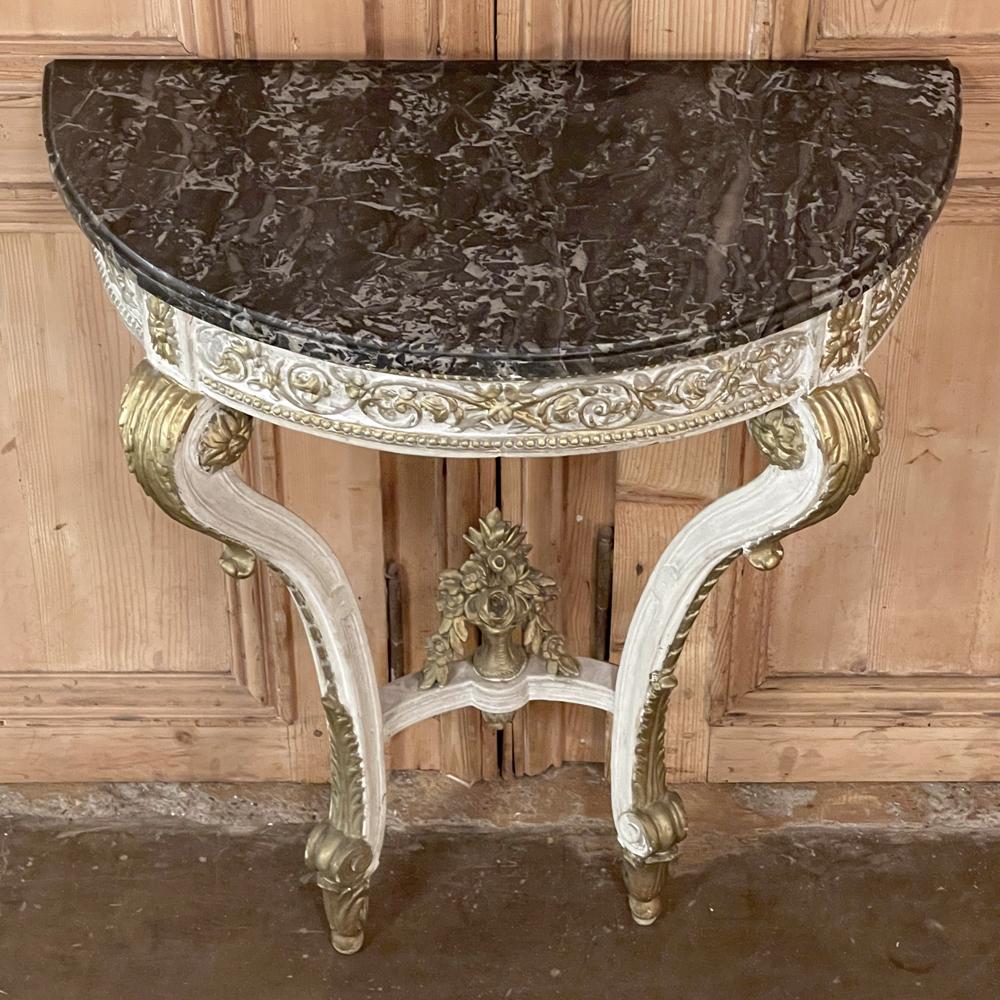 19th Century French Louis XVI Painted Marble Top Demilune Console In Good Condition For Sale In Dallas, TX