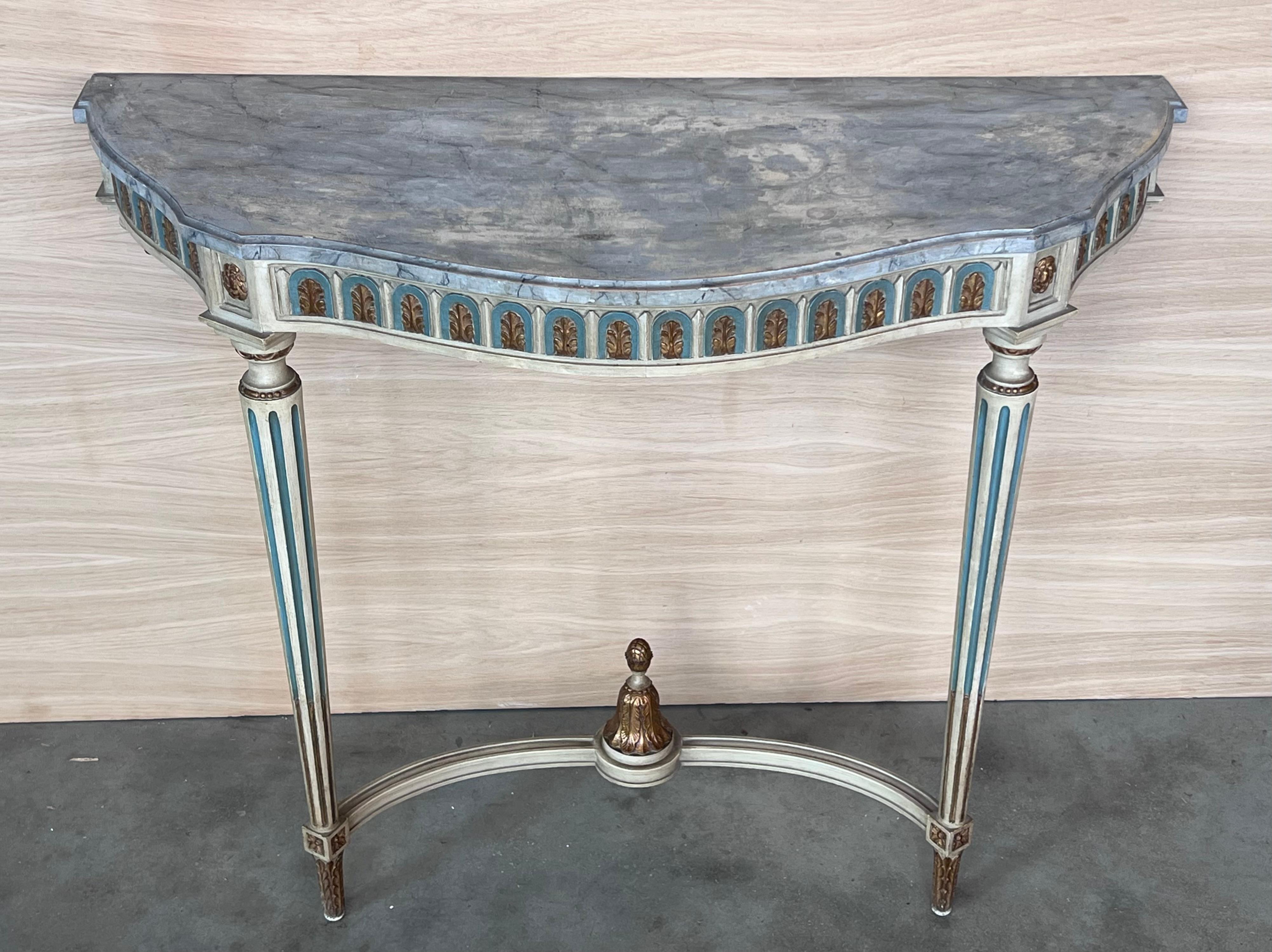 Consola demiluna francesa Luis XVI del siglo XIX con tapa de mármol pintada en Bueno estado para la venta en Miami, FL
