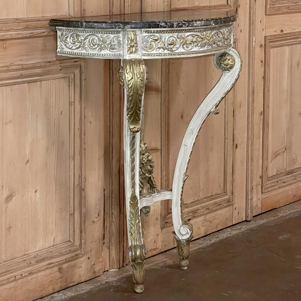 Late 19th Century 19th Century French Louis XVI Painted Marble Top Demilune Console For Sale