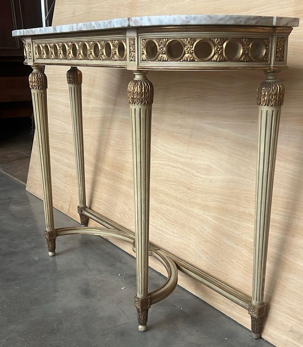 Wood 19th Century French Louis XVI Painted Marble Top Demilune Console For Sale