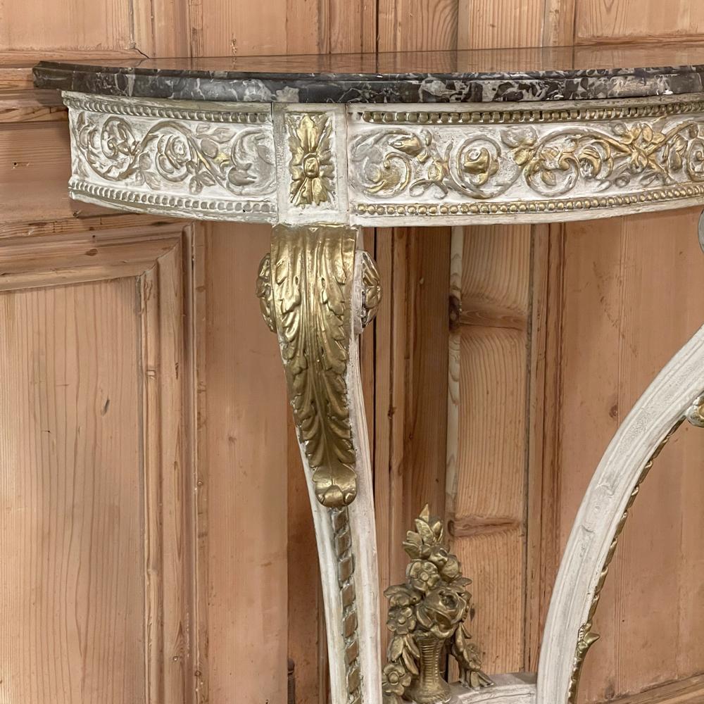 19th Century French Louis XVI Painted Marble Top Demilune Console For Sale 1