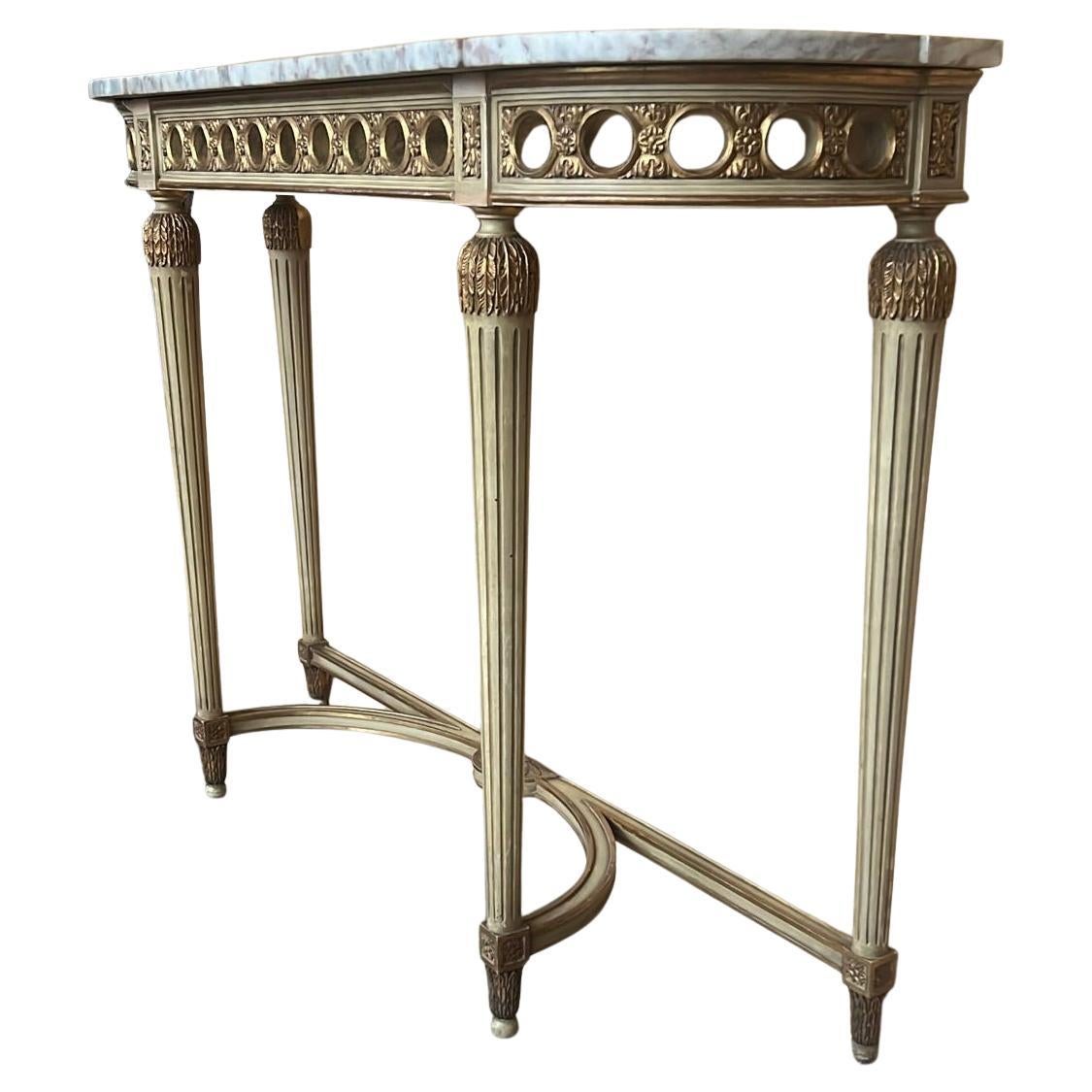 19th Century French Louis XVI Painted Marble Top Demilune Console For Sale
