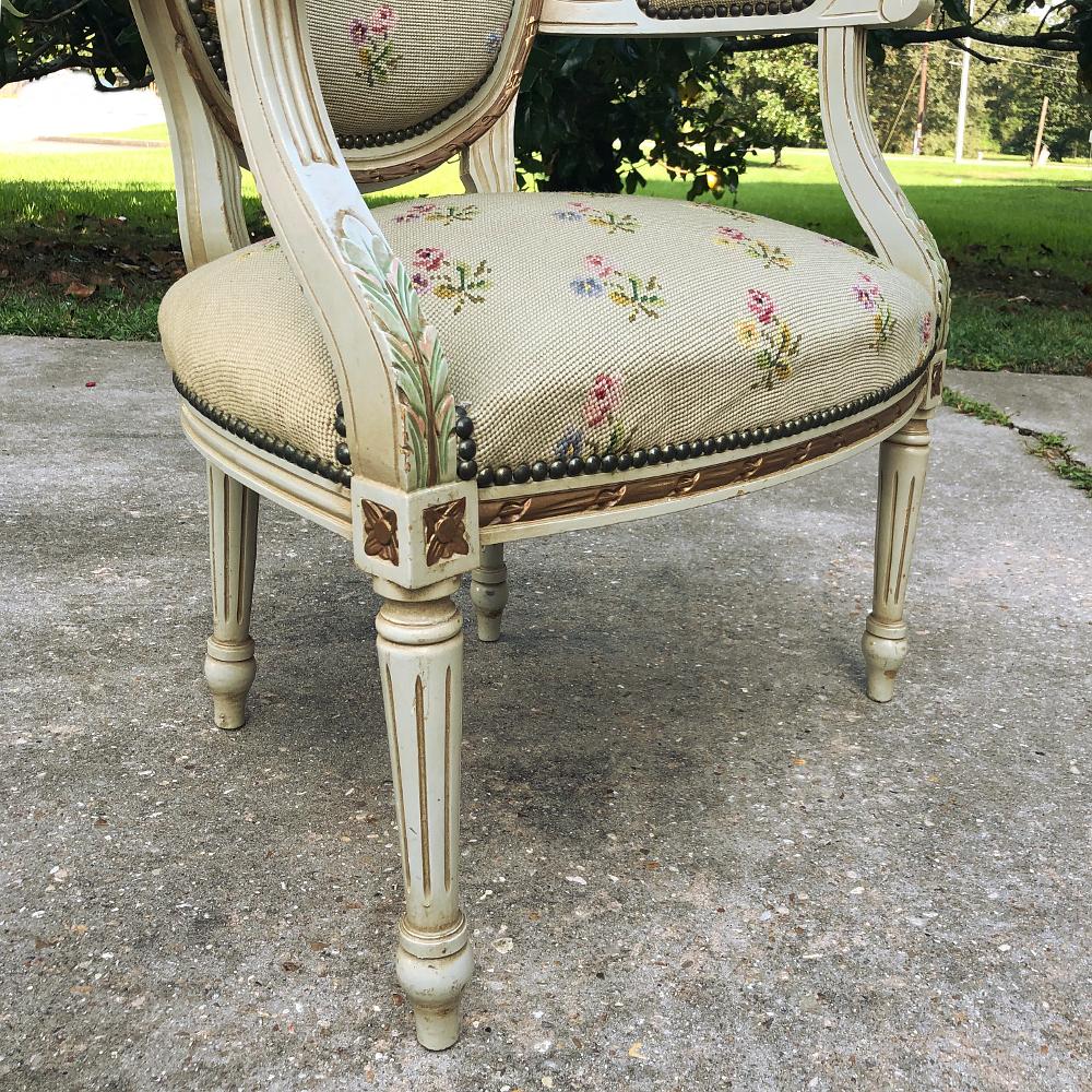 19th Century French Louis XVI Painted Needlepoint Armchair For Sale 4