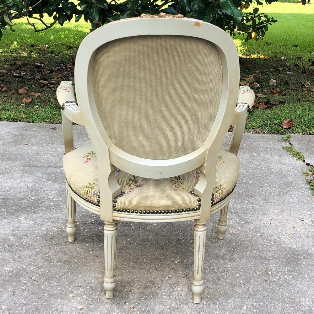 19th Century French Louis XVI Painted Needlepoint Armchair For Sale 5