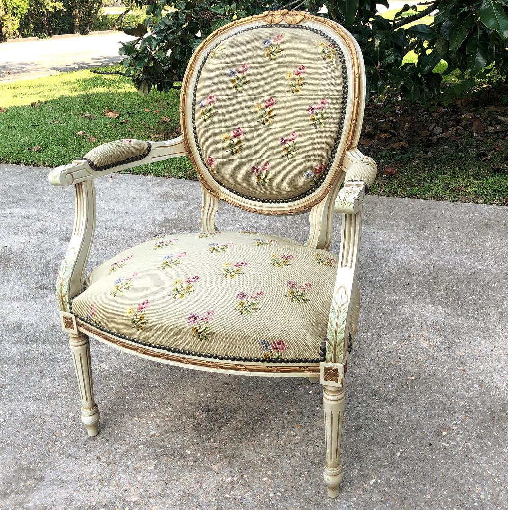Hand-Carved 19th Century French Louis XVI Painted Needlepoint Armchair For Sale