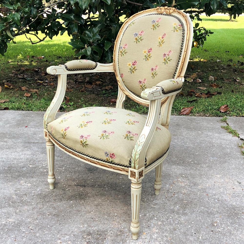 19th Century French Louis XVI Painted Needlepoint Armchair In Good Condition For Sale In Dallas, TX