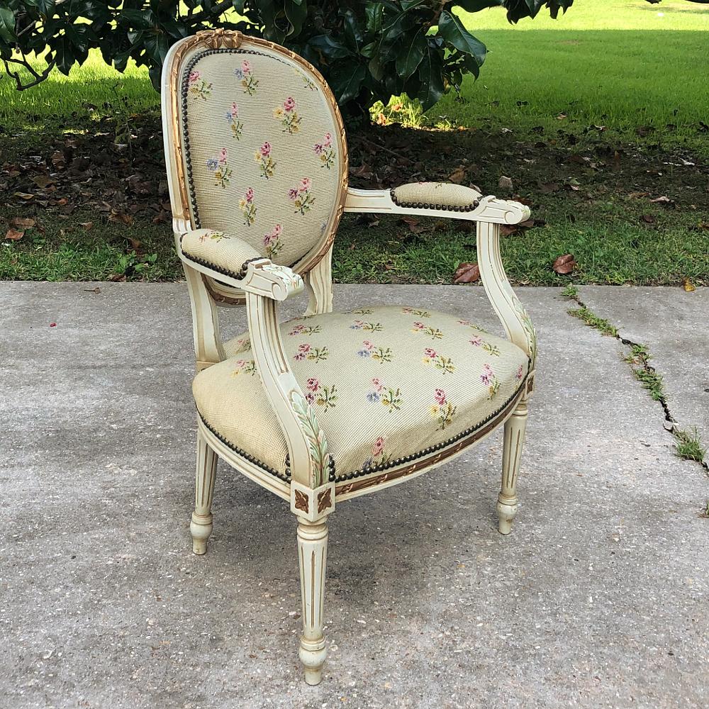 Late 19th Century 19th Century French Louis XVI Painted Needlepoint Armchair For Sale