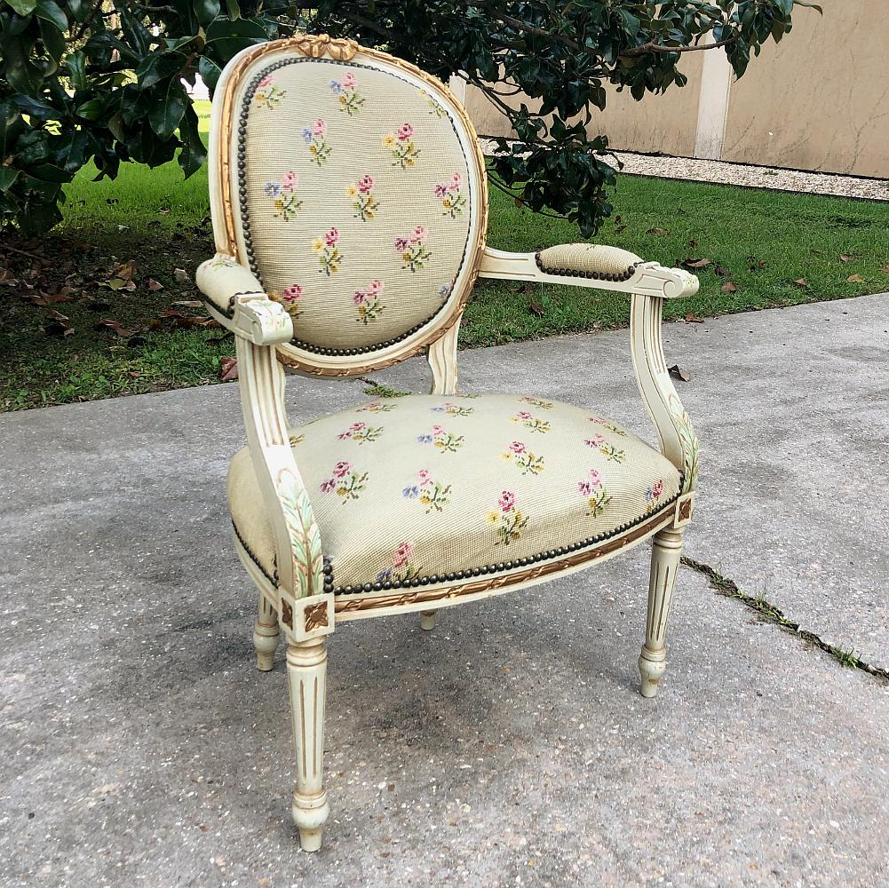 Tapestry 19th Century French Louis XVI Painted Needlepoint Armchair For Sale