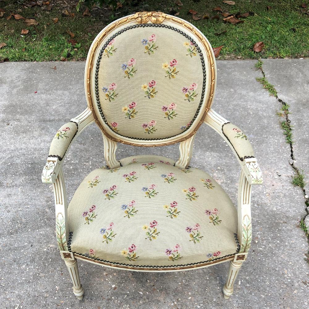 19th Century French Louis XVI Painted Needlepoint Armchair For Sale 1