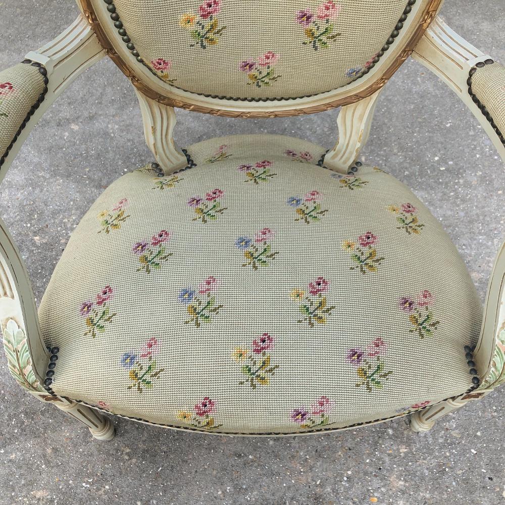 19th Century French Louis XVI Painted Needlepoint Armchair For Sale 3