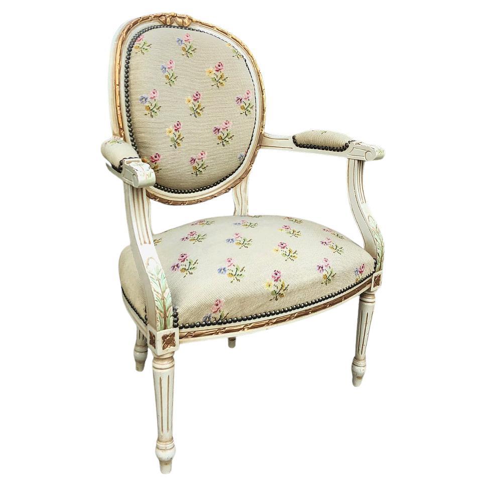 19th Century French Louis XVI Painted Needlepoint Armchair