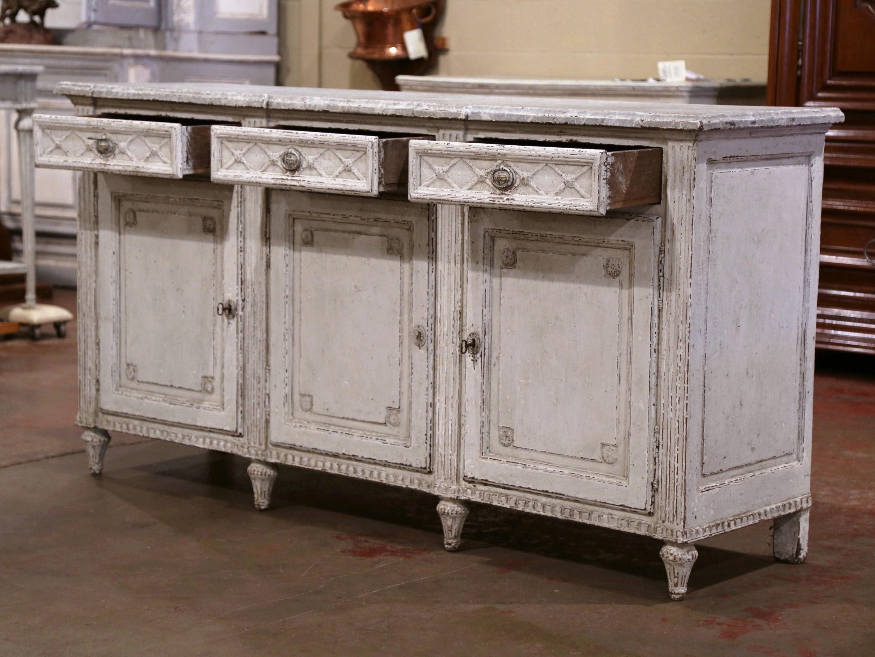 Hand-Carved 19th Century French Louis XVI Painted Three-Door Buffet with Faux Marble Top