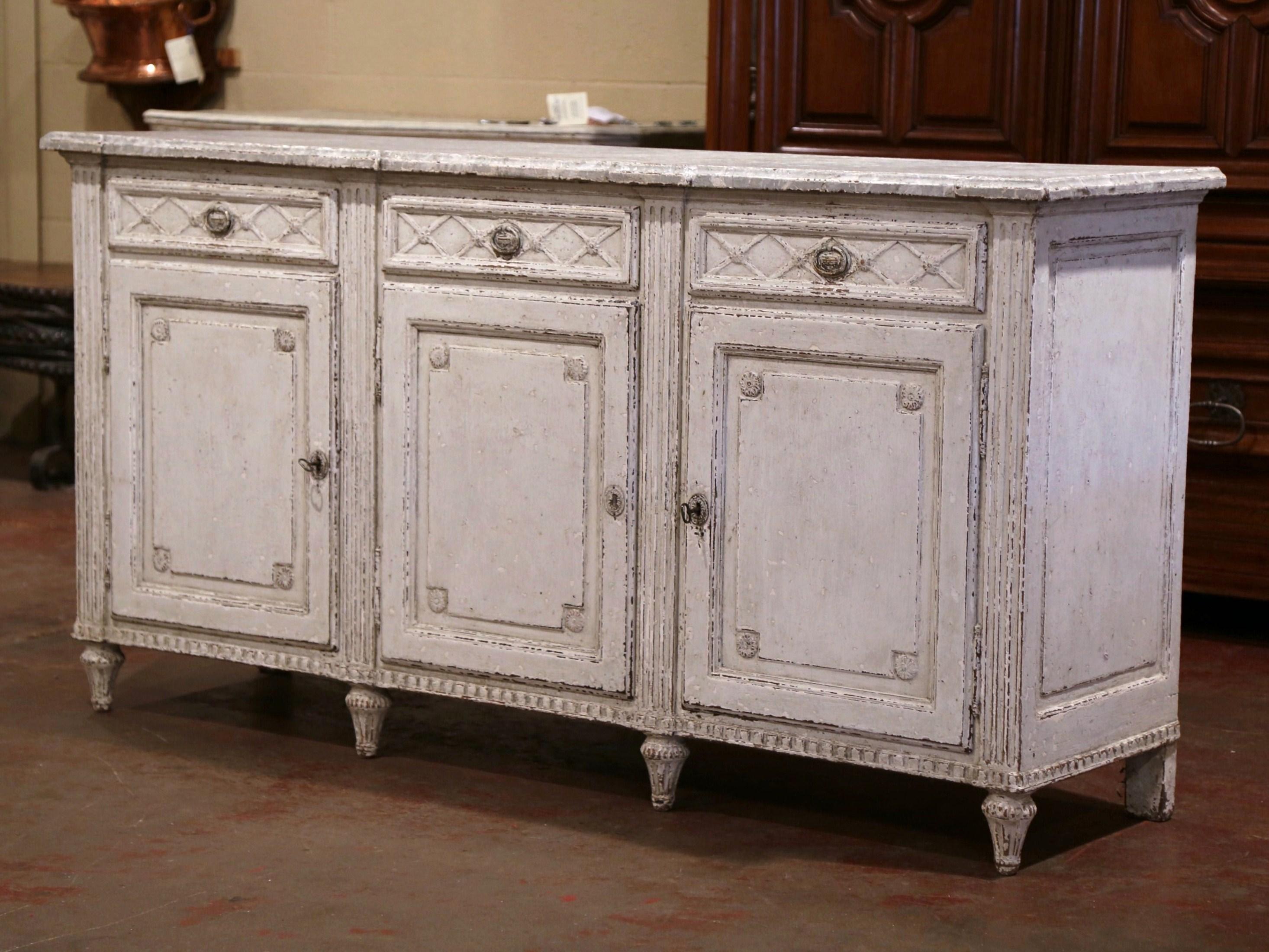 19th Century French Louis XVI Painted Three-Door Buffet with Faux Marble Top In Excellent Condition In Dallas, TX