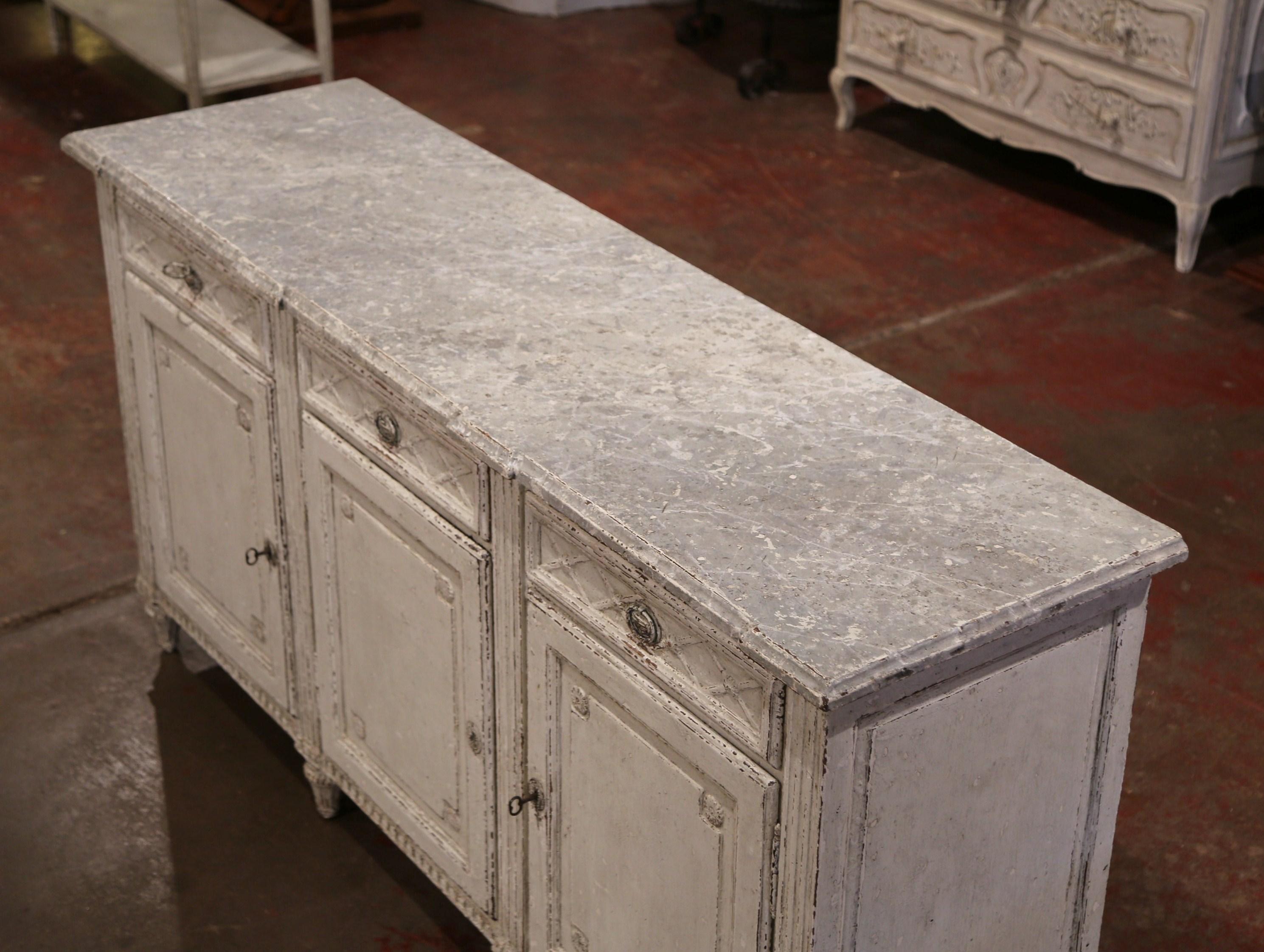 Oak 19th Century French Louis XVI Painted Three-Door Buffet with Faux Marble Top