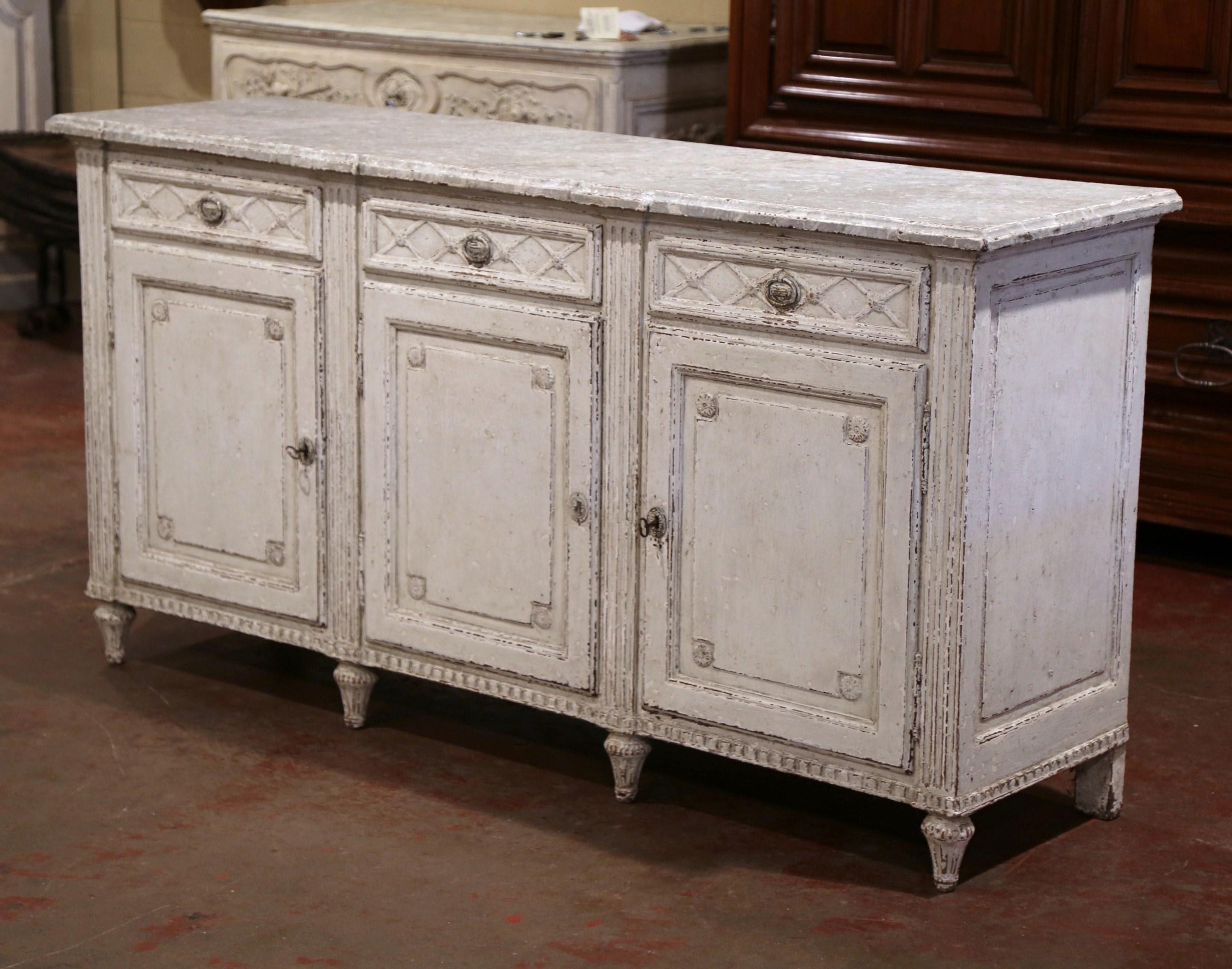 19th Century French Louis XVI Painted Three-Door Buffet with Faux Marble Top 3