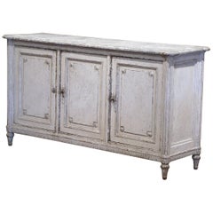 19th Century French Louis XVI Painted Three-Door Buffet with Faux Marble Top