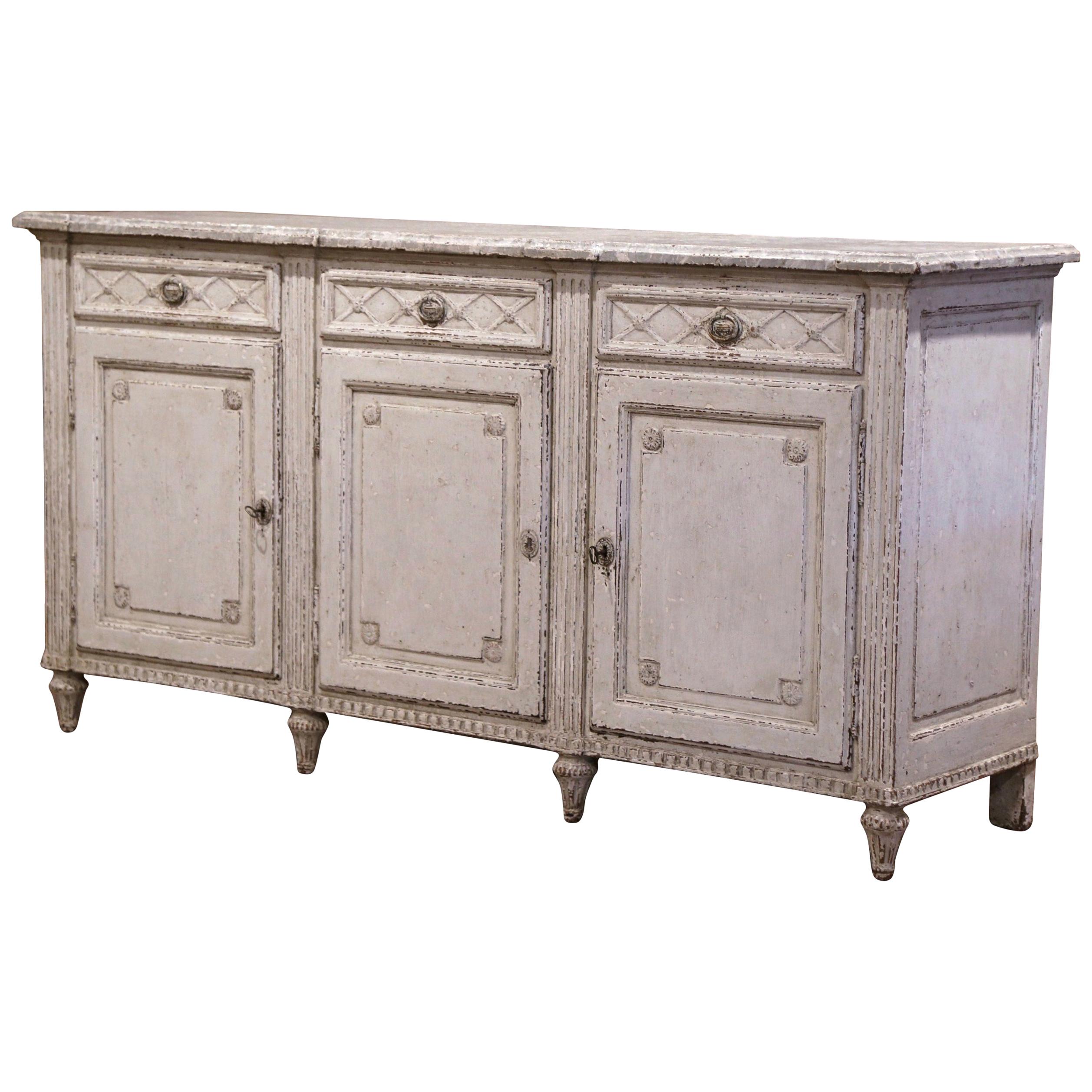 19th Century French Louis XVI Painted Three-Door Buffet with Faux Marble Top