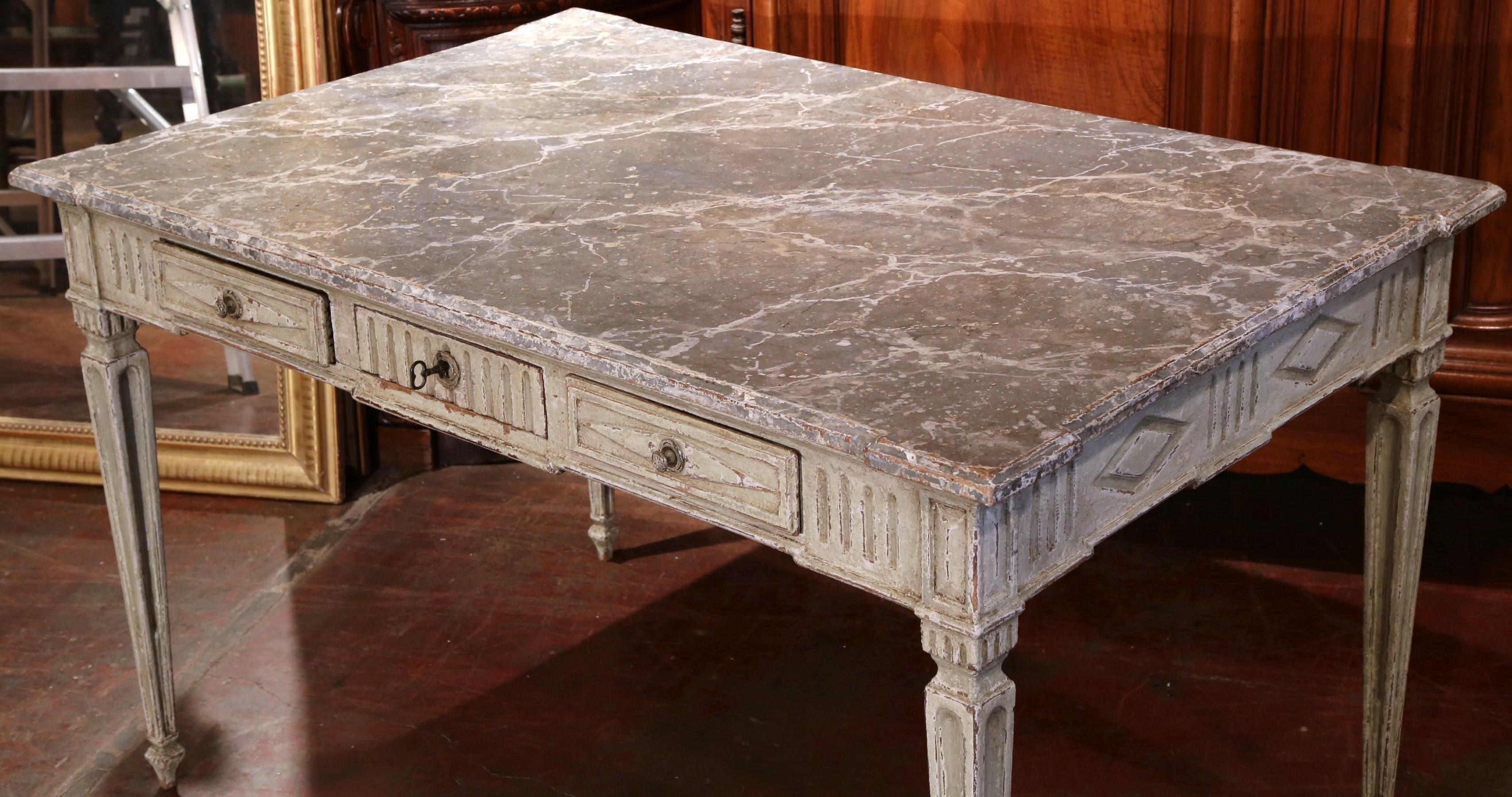 19th Century French Louis XVI Painted Writing Table Desk with Faux Marble Top In Excellent Condition In Dallas, TX