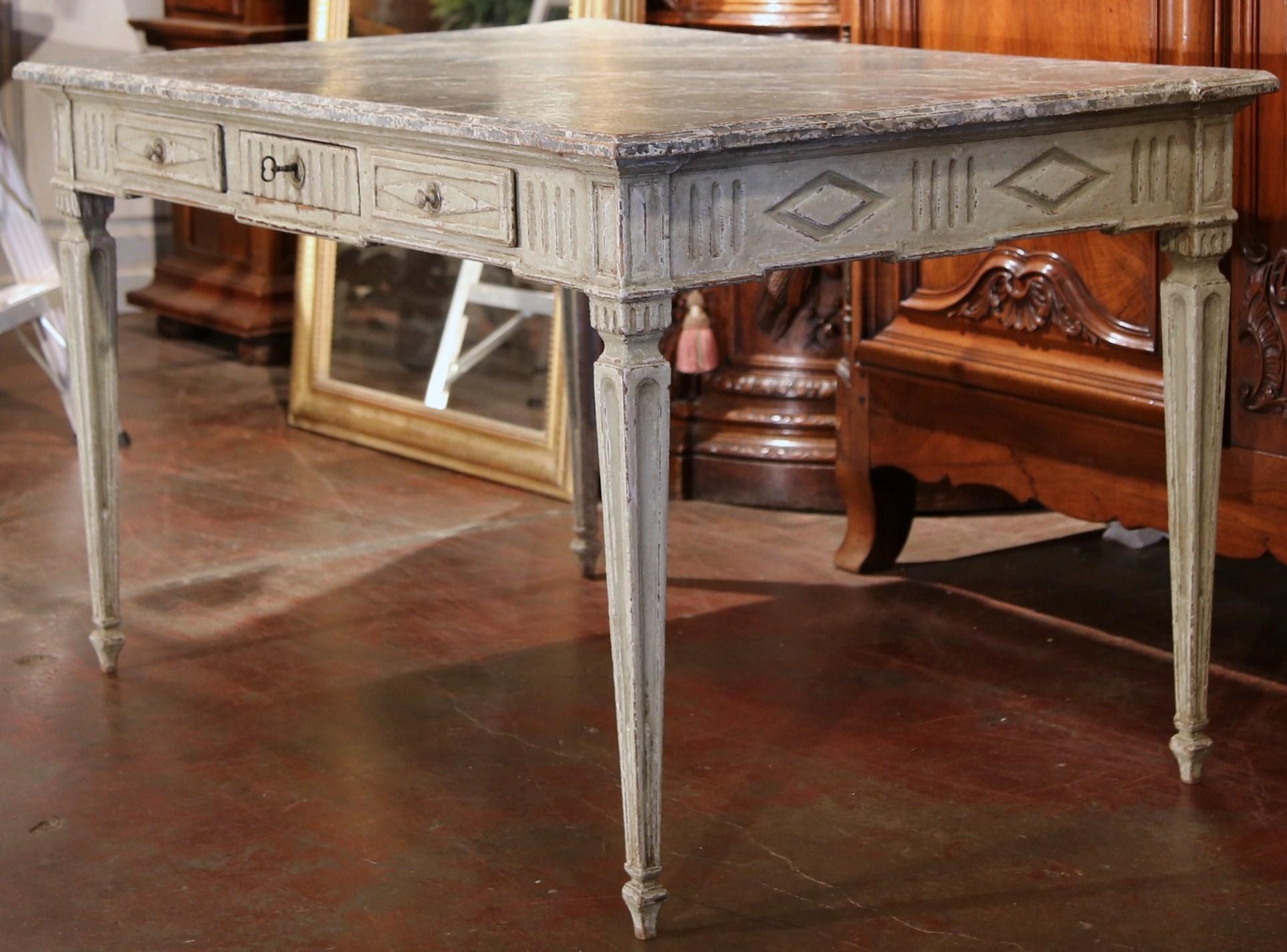 19th Century French Louis XVI Painted Writing Table Desk with Faux Marble Top 2