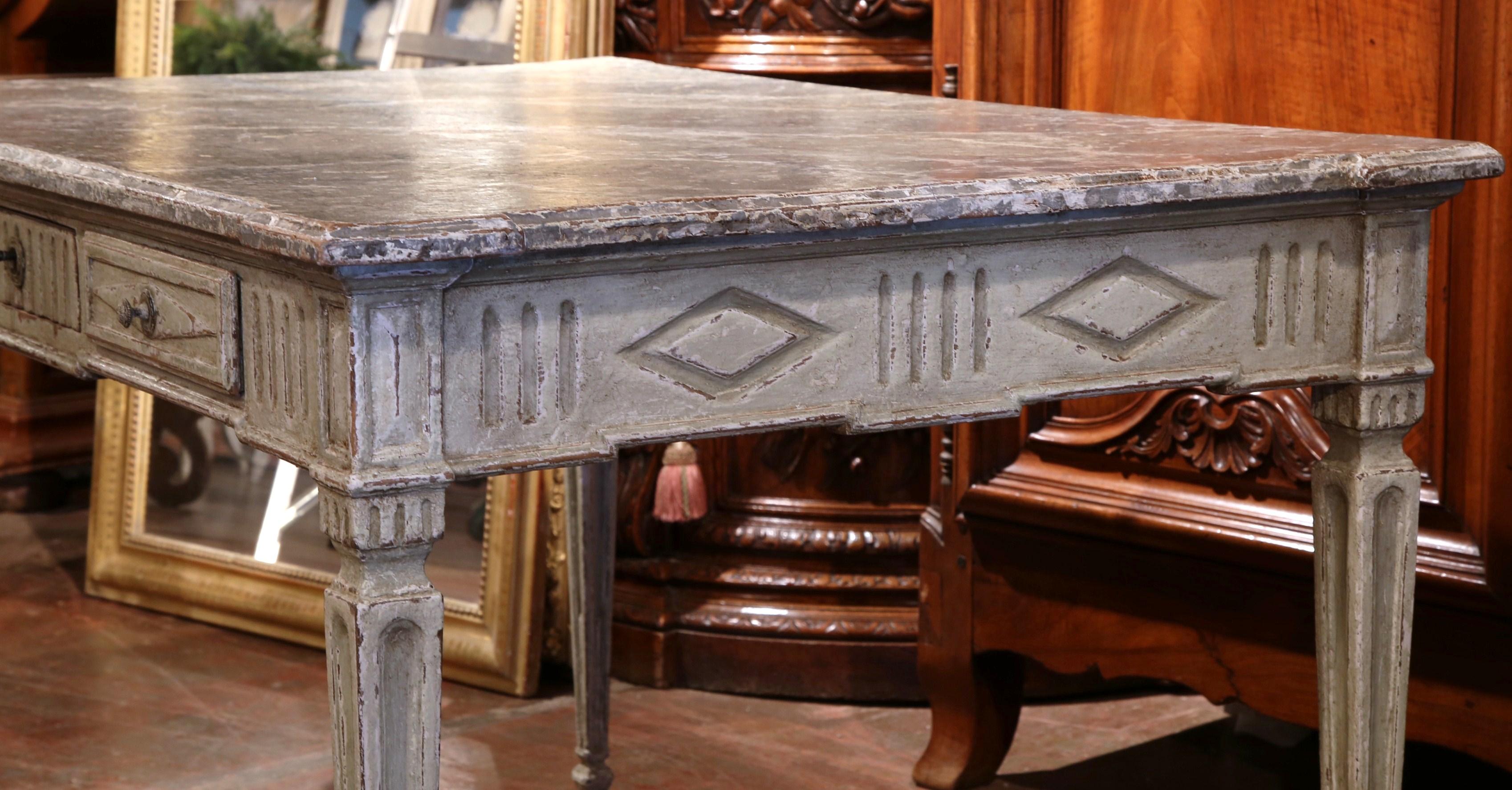 19th Century French Louis XVI Painted Writing Table Desk with Faux Marble Top 3
