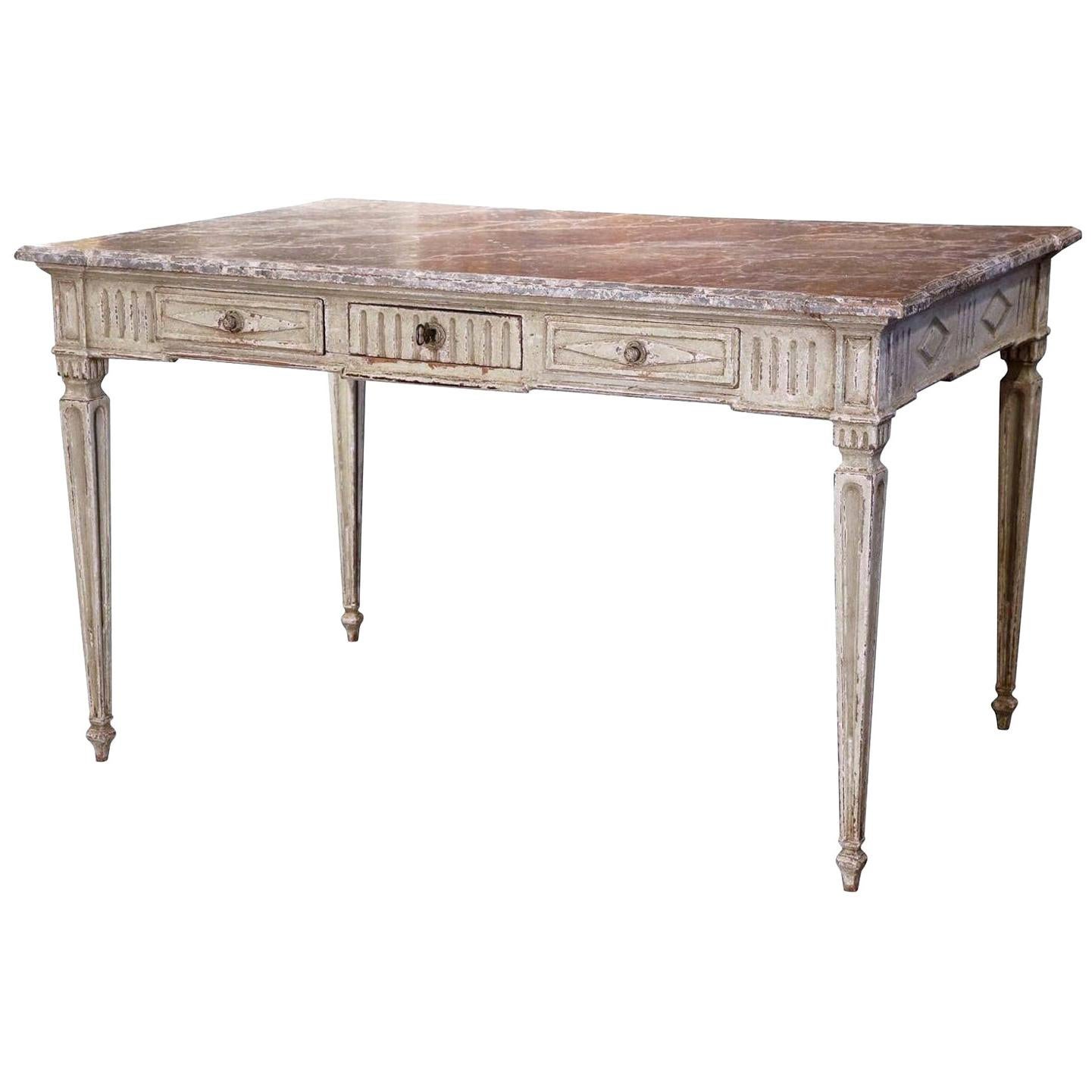 19th Century French Louis XVI Painted Writing Table Desk with Faux Marble Top