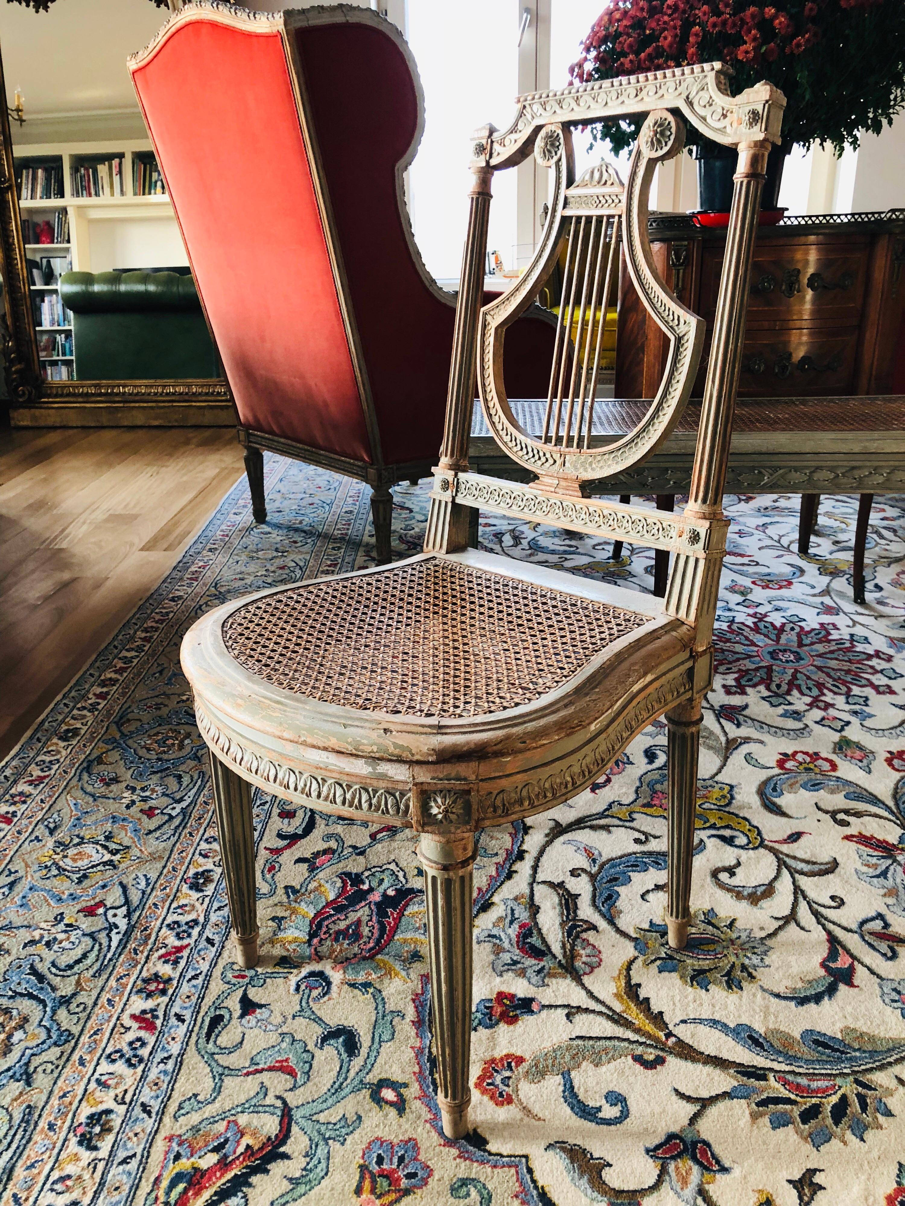 Hand-Carved 19th Century French Louis XVI Pair of Petite Hand Painted Side Chairs 