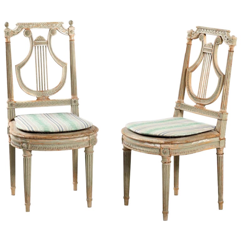 19th Century French Louis XVI Pair of Petite Hand Painted Side Chairs "Lyre" For Sale