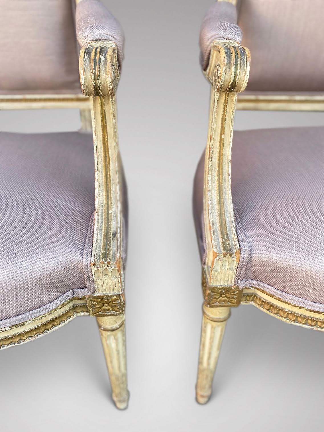 Upholstery 19th Century French Louis XVI Reupholstered Carved Pair of Armchairs For Sale