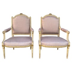 19th Century French Louis XVI Reupholstered Carved Pair of Armchairs