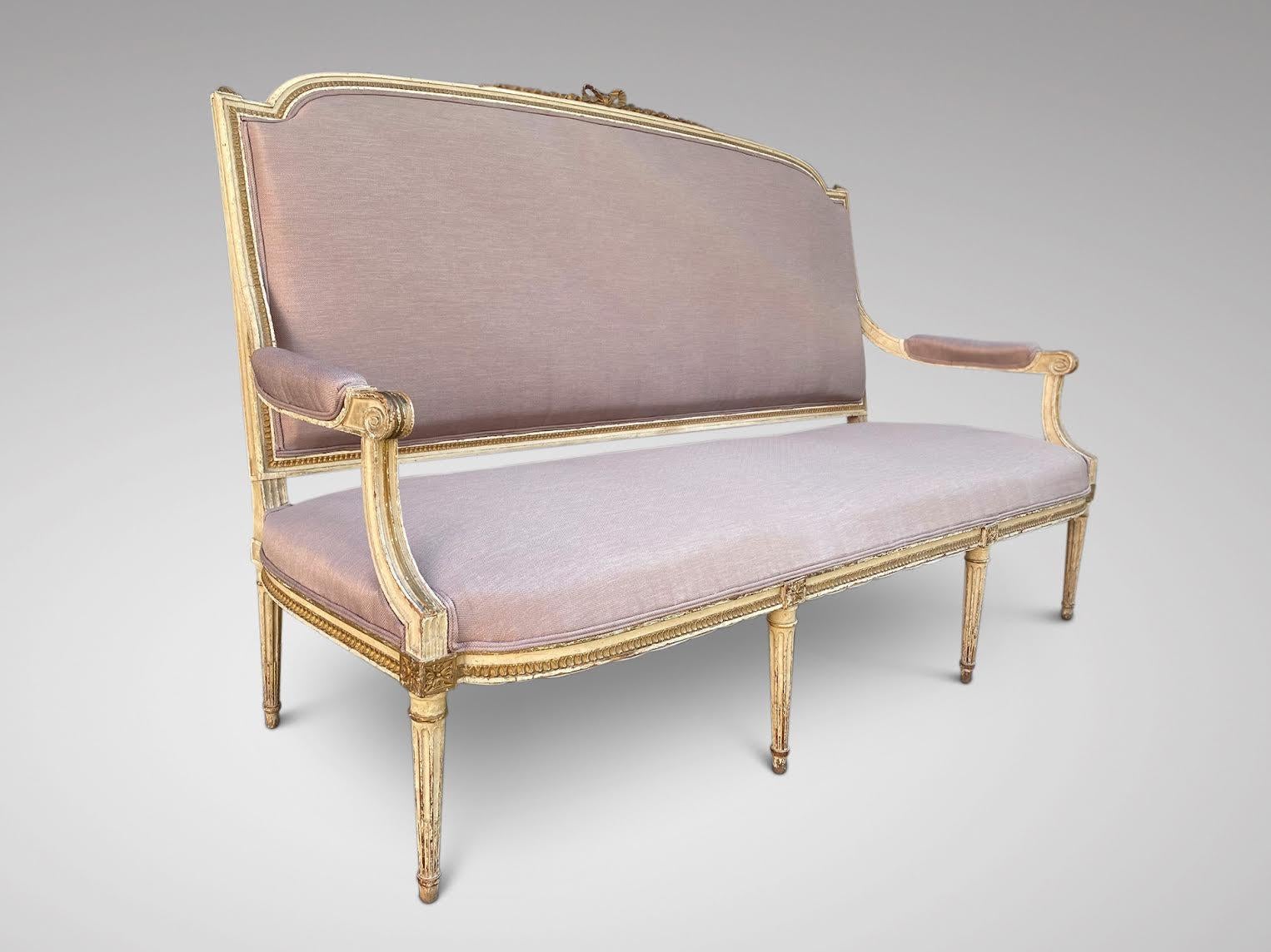 Upholstery 19th Century French Louis XVI Reupholstered Carved Sofa Settee