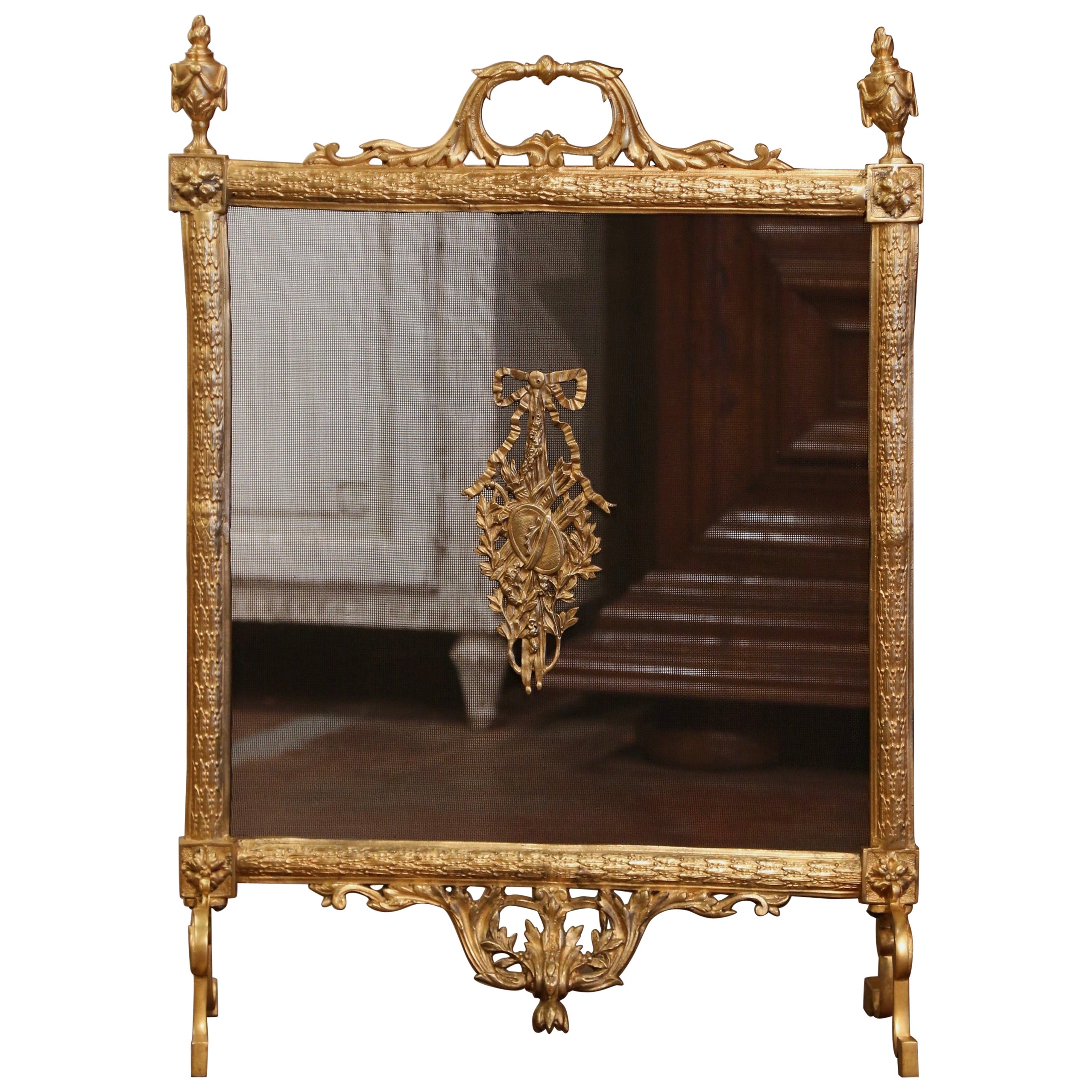 19th Century French Louis XVI Rococo Bronze Dore and Mesh Fireplace Screen
