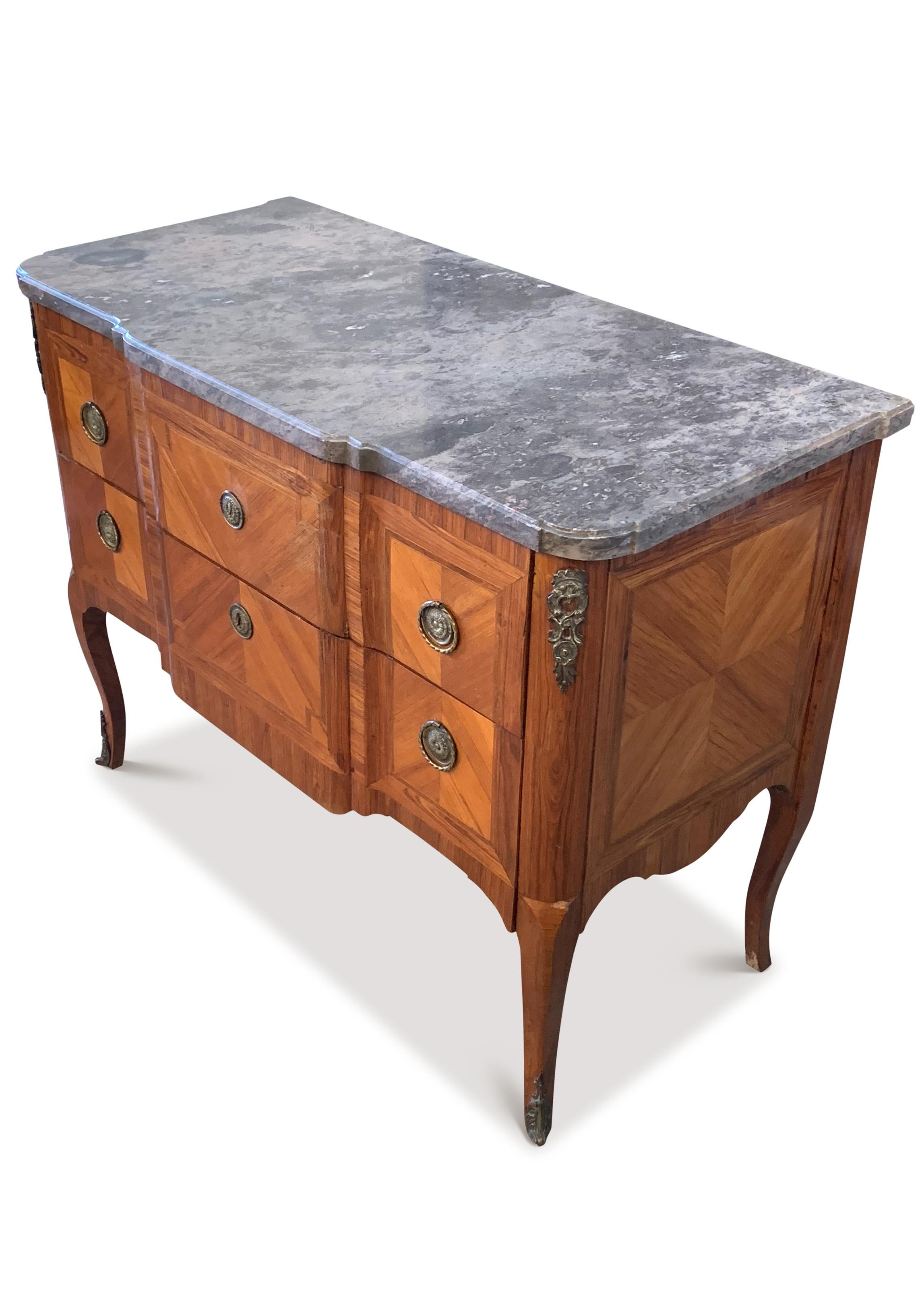Lacquered 19th Century French Louis XVI Rosewood Banded Kingwood Commode & Marble Top For Sale